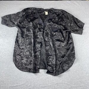 Adonna Robe Womens 1X Black Satin Floral Kimono Short Sleeve Plus Size Lace Trim